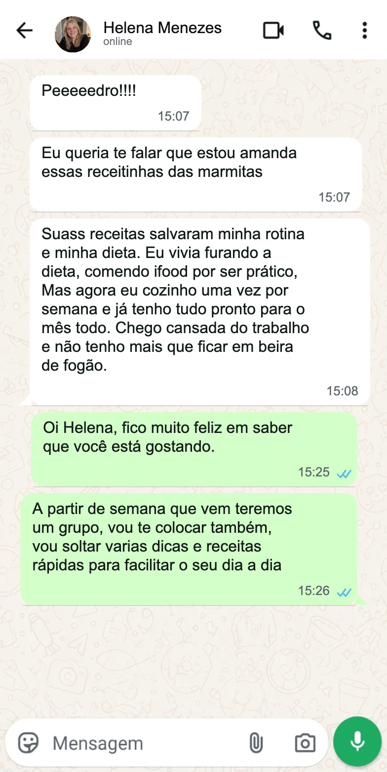 Print de resultado de aluna com marmitas